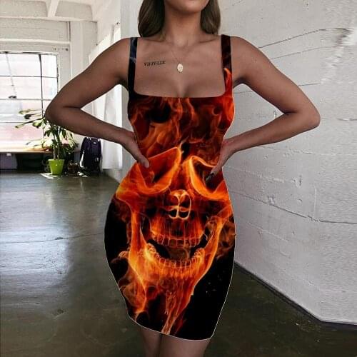 Giyu Brand Skull Dress Women Flame Vestido Sexy Harajuku Ladies Dresses Funny 3d Print Womens Clothing Summer Short Beach