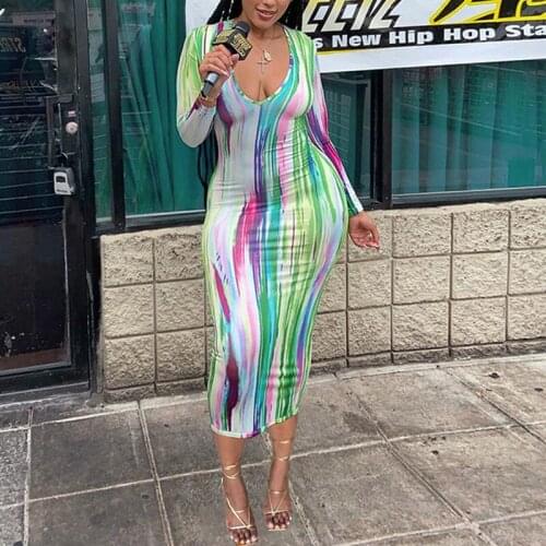 Women Midi Dress Long Sleeve Tie Dye Printed Deep V-Neck Hollow out Color Bodycon Sexy Dress 2021 New