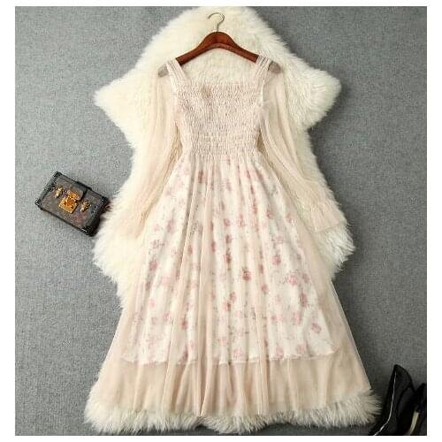 2019 spring and summer womens new square collar trumpet sleeves high waist mesh dress + floral dressT3639