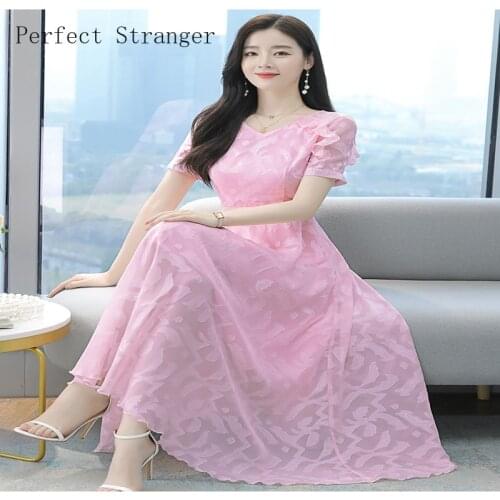 High Quality 2021 Summer Dress For Women V Collar Floral Printed Short Sleeve Women Chiffon Long Dress