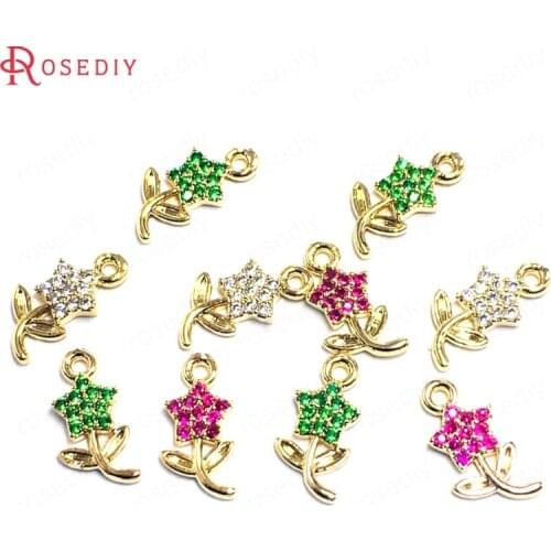 38813)10PCS 7.5x13MM 24K Champagne Gold Color Brass and Zircon Star Flower Charms Pendants Jewelry Making Diy Accessories