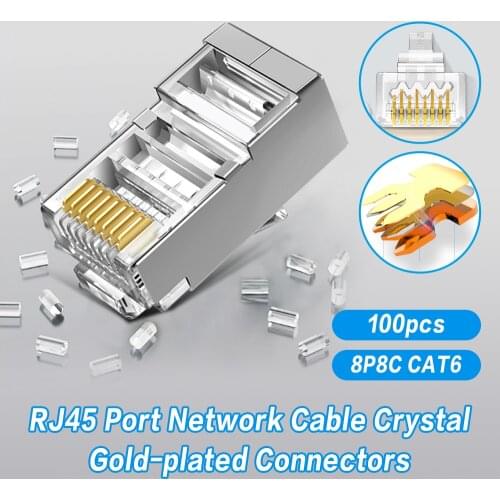 100pcs Durable Transparent Crystal Gold-plated Connector Shielded Cat6 RJ45 Port Network Cables Connectors For Category Cat6