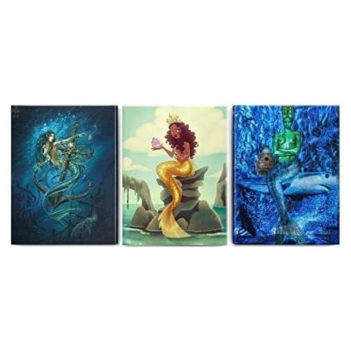 3 Panels Wall Art Painting African American Black Girl Mermaid Afrocentric Canvas Prints Bar Decor