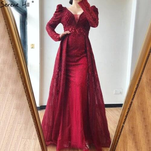 Wine Red Mermaid V-Neck Formal Dress 2020 Luxury Long Sleeves Beading Crystal Evening Gown Serene Hill BLA70537