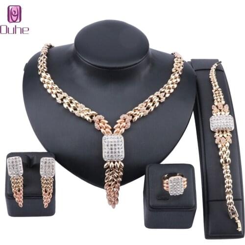 Exquisite Dubai Gold Tassel Crystal Necklace Earring Bracelet Ring Nigerian Wedding African Beads Jewelry Set