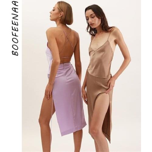 BOOFEENAA Solid Satin Dress Sets Sexy Two Piece Set Open Back Halter Top Side Split Midi Skirt Party Night Club Outfits C92-CD11