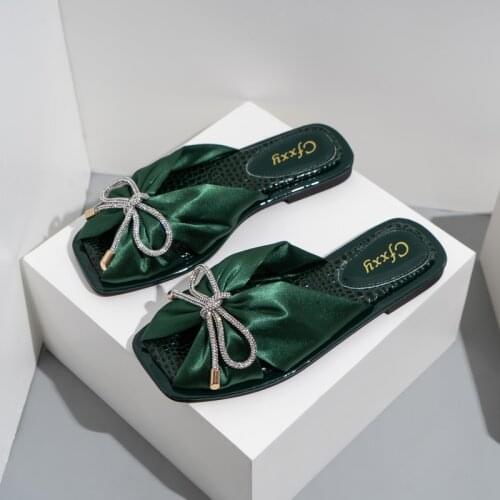 2021 Summer Women Slippers Silk Bow Outdoor Slippers Flats Open Toe Causal Sandals Comfortable Fashion Green Shoes Plus Size 42