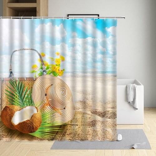Summer Beach Shower Curtain Blue Ocean Starfish Shell Dusk Sunflower Landscape Bathroom Decor Curtain Washable Fabric With Hooks