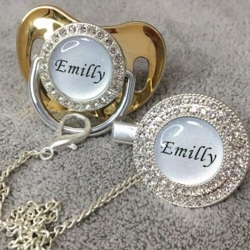 MIYOCAR custom any glitter name photo gold bling pacifier and pacifier clip silver BPA free dummy bling glitter design P8-1-BG