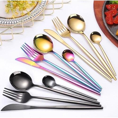 24pcs Gold Silverware Dinnerware Set Steel Mirror Polished Set Spoon Fork Flatware Bright Cutlery Tableware Set Knife D3D0