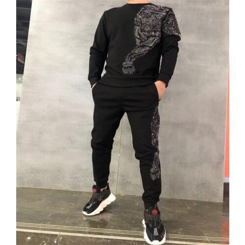 New rhinestone cotton hoodie fitness mens padded suit upscale sportswear two-piece set