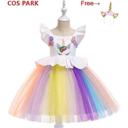 Unicorn Dress Baby Girl Rainbow Costume Birthday Party Halloween Colourful Princess Dress Mesh Yarn Evening Dress Cosplay Cloth