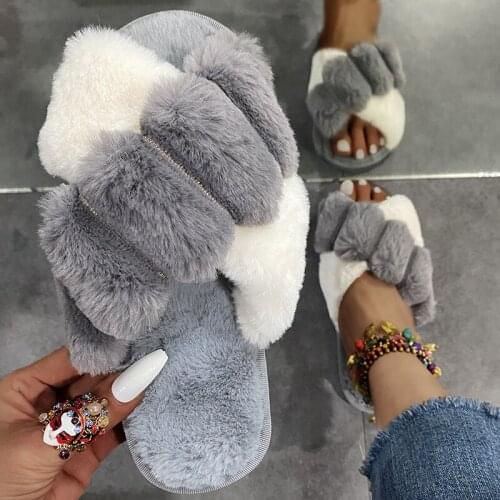 Faux Fur Slippers Women Home Fluffy Sliders Comfort Flats Sweet Ladies Shoes Furry Indoor Flip Flops Home Slipper Plush