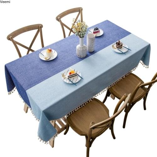 Modern blue striped tablecloth dining table kitchen cover high quality tassels sky blue and dark blue rectangular cover