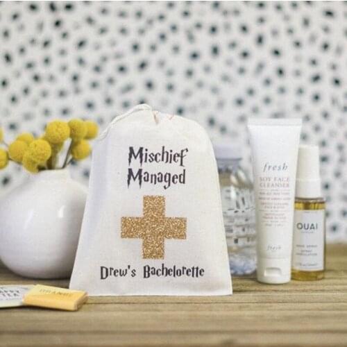 Custom Bachelorette Party Favors hangovers kit bags - Mischief Managed Hangover Kits - Glitter Recovery Kit Favor Bags