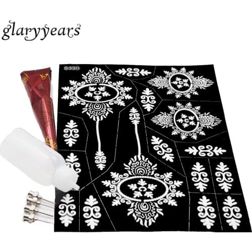 1 Set Indian Henna Tattoo Stencil with Brown Color Henna Paste Plastic Bottle Body Art Makeup Paint Temporary Flower DIY Drawing