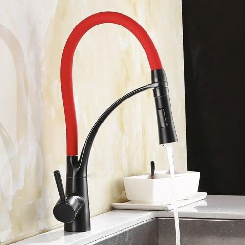 Pull Down Kitchen Faucet Solid Brass Gold Hot Cold Water Mixer Deck Mounted Kitchen Sink Faucet with Rubber Hose Design Crane