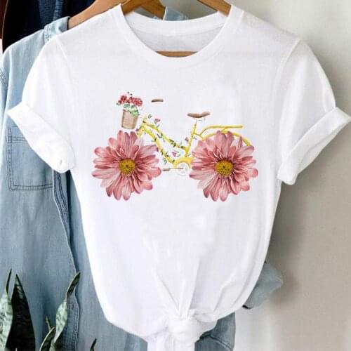 Clothes Short Sleeve Flower Bike Cute T-shirts Print Women Cartoon O-neck Fashion Graphic 90s Tshirt Top Regular Lady Female Tee