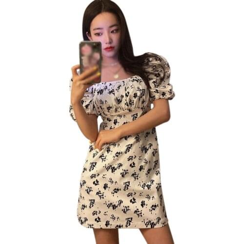 Women Summer Bubble Sleeve Short-sleeved Dress Short Sleeve Square Collar Vintage Vestidos New