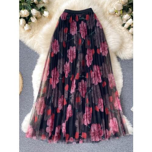 Womens Summer Skirt 2021 New Fashion Elastic Waist Floral Print Tulle Skirt Elegant Ladies A-line Pleated Mesh Maxi Skirts