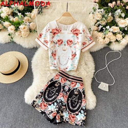ALPHALMODA 2021 Summer Vintage Shorts Suit Printed Pattern Tshirt + High Waist Wide Leg Shorts Ladies Fashion Clothes Set