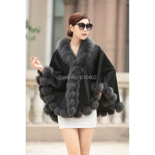 Ladys Genuine Fox collar and Real Cashmere Coat Women Cloak Poncho/shawl//cape/Wraps black gray