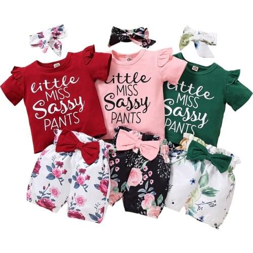 3 Pcs Infant Casual Outfits, Baby Girl Letter Print Fly Sleeve Round Neck T-shirt + Shorts with Bowknot + Headband 1-5T
