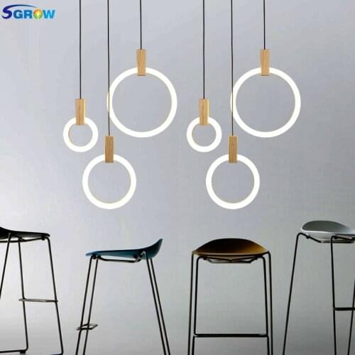 SGROW Creative Design Acrylic Ring Pendant Light Fixtures Modern Wooden Hanging LED Lamp Indoor Lighting for Bedroom Living Room
