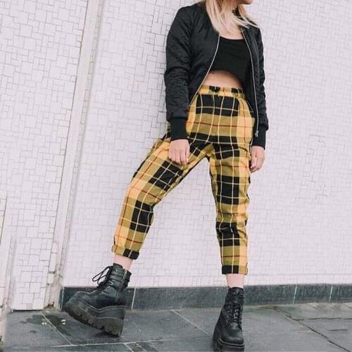 New Fashion Women Plaid Pants Women Hight Waist Trousers Harem Plus Size Pants Women Full Length Streetwear Pockets Cool