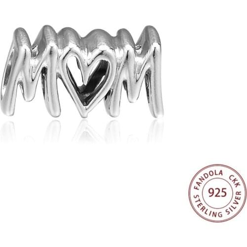CKK 925 Sterling Silver Mom Script Charms Beads Fits Pandora Bracelets Women DIY Jewelry Making Wholesale