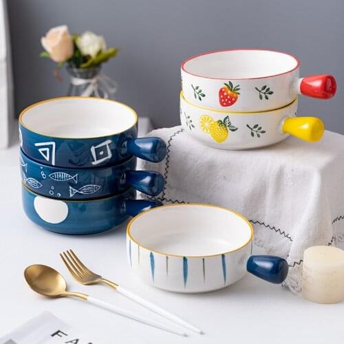 European Style Household Ceramic Tableware Creative Cute Oven Microwave Special Soup Bowl with Handle Bowl M018