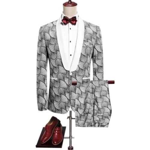 Printed Trousers Suit Two-piece Suit Mens Slim Korean Casual Wedding Banquet Suit Suits Men