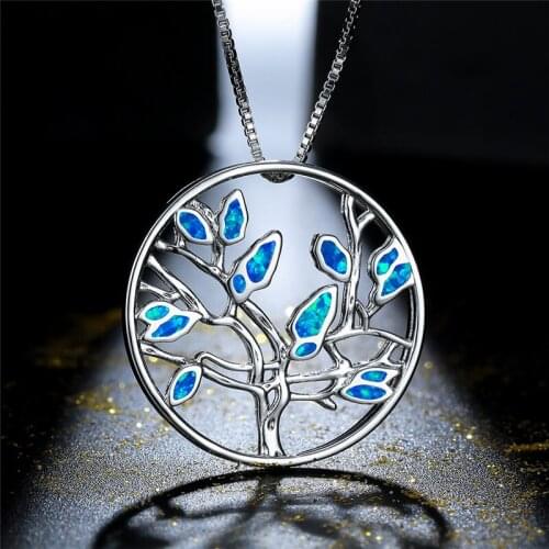 Blue White Opal Round Necklace Unique Lucky Tree Pendant Necklaces For Women Wedding Jewelry Fashion Silver Color Chain Necklace