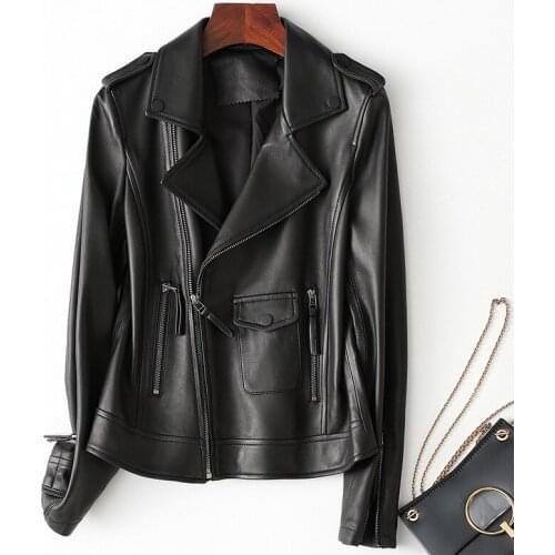Fashion Short New Slim Real Jacket Women Brown White Lapel Zipper Genuine Leather Sheepskin Coat Motorcycle High Quality