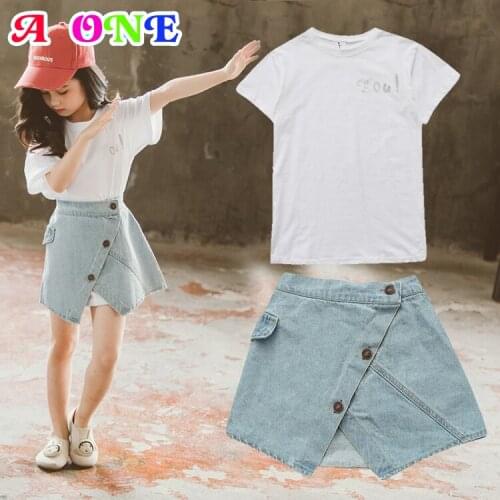 Summer girls 2 pcs set casual o-neck print letter t-shirt + denim skirt kids set outdoor fitness fashion clothing 4 to 14 years