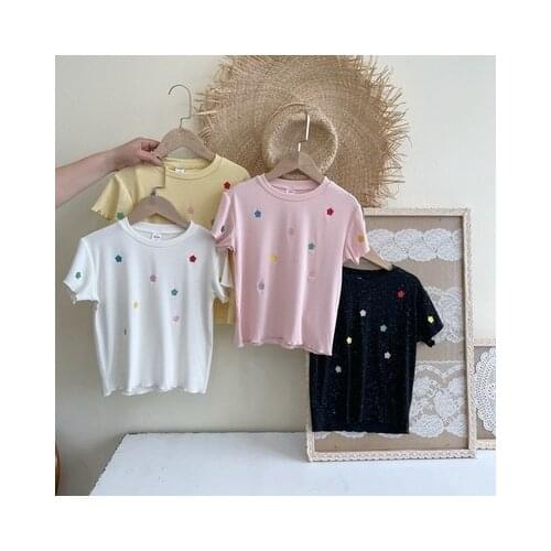 Baby Girls Summer Short-sleeved T-shirt 2021 New Childrens Embroidery Solid Cute Flower Top Tees Toddler Cute Loose Tee Shirt