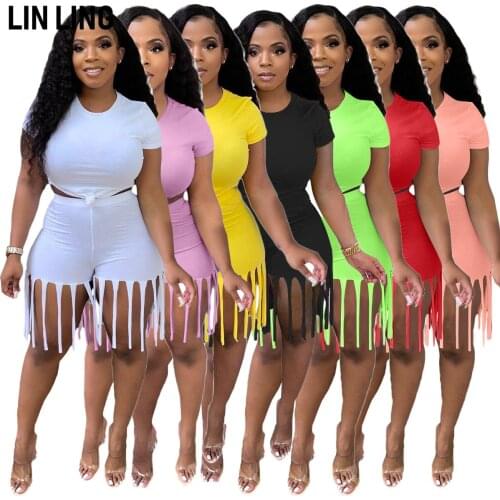 LINLING Women Solid Two Piece Set Short Sleeve T-shirt Crop Top Tassel Shorts Casual Active Fitness Suit Female Outfits