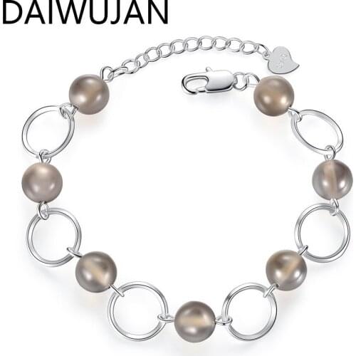 DAIWUJAN Fashion 925 Sterling Silver Agate Bracelets for Women Round Circle Gray Crystal Balls Charm Jewelry Pulseras Wholesale