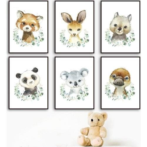 Cartoon Diamond Painting Animal Green Leaves Kangaroo Koala Raccoon Panda Wall Art Canvas Painting Pictures Baby Kids Room Decor