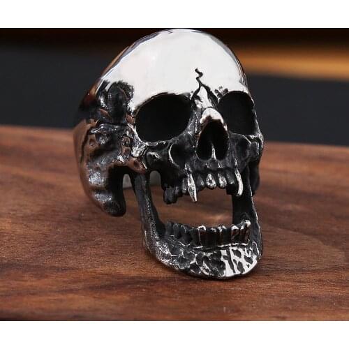 High Polish Gothic Vampire Skull Ring Heavy Skull Mens Stainless Steel Biker Rings Punk Motorcyclist Jewelry Gift Size 7-15