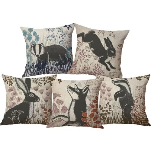 Hare Squirrel Badger Fox Cushion Covers Vintage Animal Painting Beige Linen Pillow Case 45X45cm 30X50cm Sofa Decoration