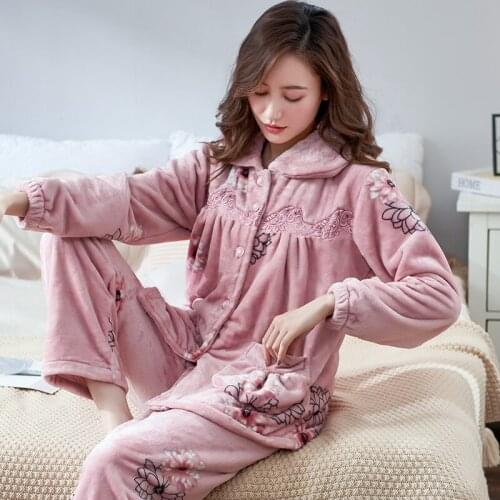 Newest Winter Flannel Floral Pajamas Long Sleeve Pyjamas Women Sexy Pijama Mujer Loungewear Home Clothes Coral Fleece Sleep Set