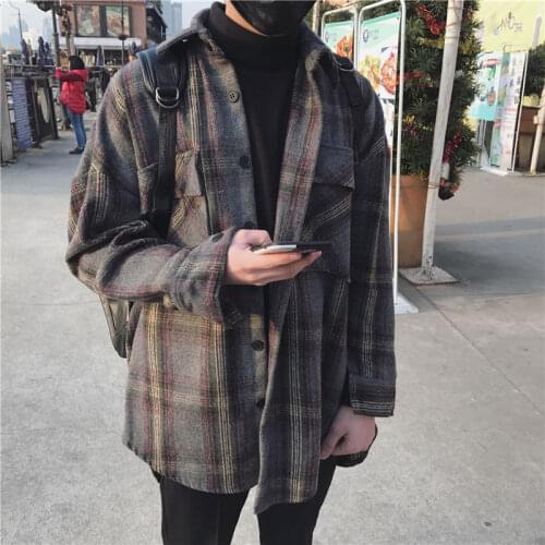 Autumn/winter Korean coat check retro Mao Hong Kong wind Korean style loose long-sleeved shirt men and women