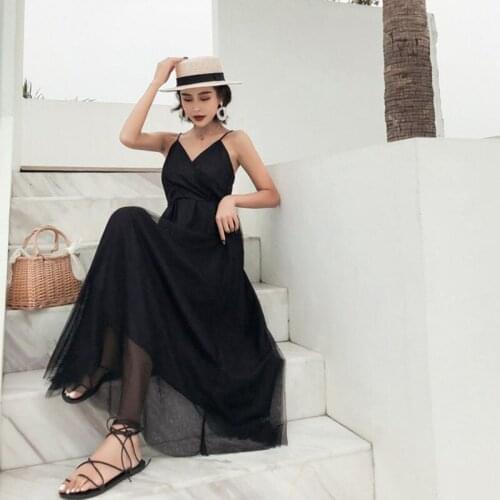 Plus size Elegant Vintage V-neck Beach Holiday Dress Women Korean Summer Solid Suspender Ladies Long Sleeveless Dresses Vestidos