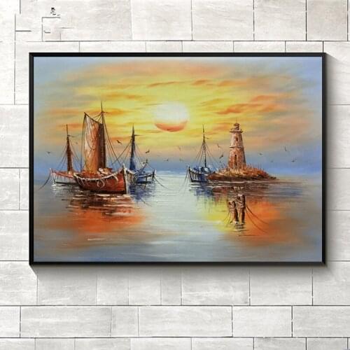 Hand-painted modern home decor wall art picture Sailing Sunrise Seascape oil painting on canvas for living room