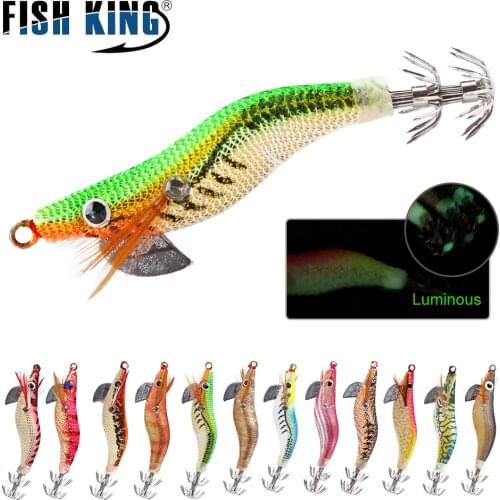 FISH KING Luminous Squid Jigs 1.5/2.5/3.0/3.5/4.0/4.5 Bait Artificial Lures Fishing Wobbler Cuttlefish Shrimp Baits 3D Eye