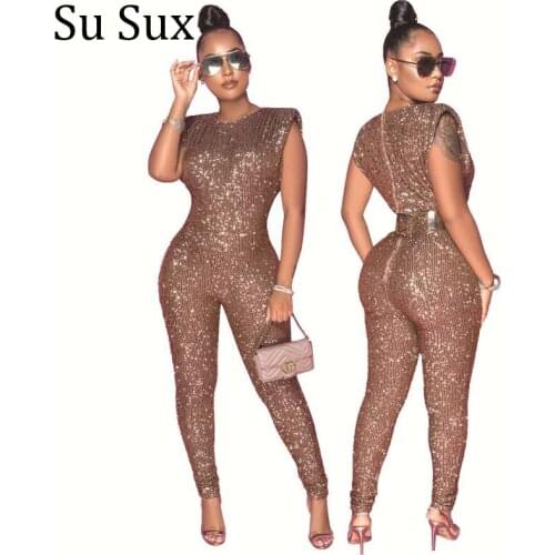 Sequins Sleeveless Jumpsuit Women Bodycon Rompers Overalls Plus Size Clothing O Neck Long Pants Slim Jumpsuit Partyclub 2021
