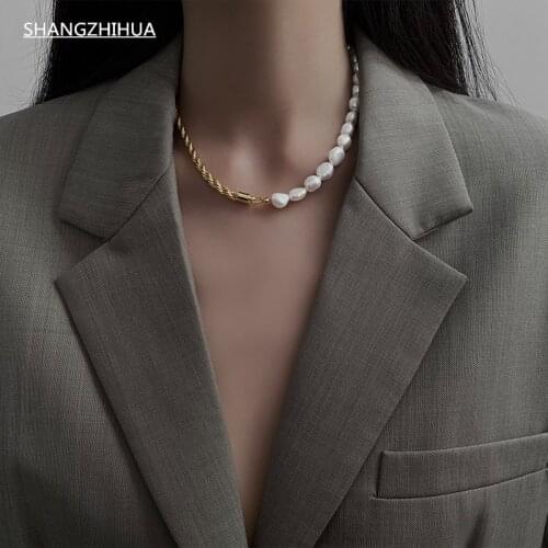 SHANGZHIHUA Simple Retro Necklace Pearl Necklace Freshwater Pearl Twisted Mahua Chain Necklace Female Designed for Women Beads
