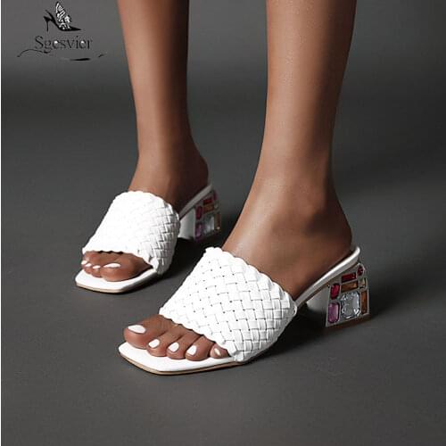 Sgesvier Big size 33-48 fashion women slippers thick high heels square toe ladies shoes summer 4 colors mules shoes