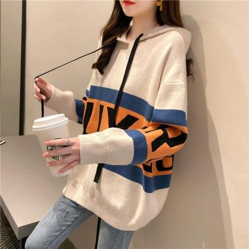 Hooded Hedging Sweater Women 2020 New Autumn Winter Korean Fashion Loose Mid-Length All-Match Lazy Wind Knitting Sweaters Female